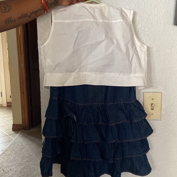 Blue Jean ruffle dress with white vest, zipper in back. Vest is removable. - Picture 2 of 3